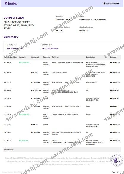 United Kingdom Kuda bank statement 3 – 6 months Word and PDF example